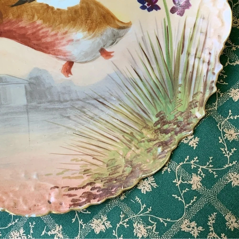 Antique Limoges France LRL Duck in Flight Plate Game Bird Signed Vitec